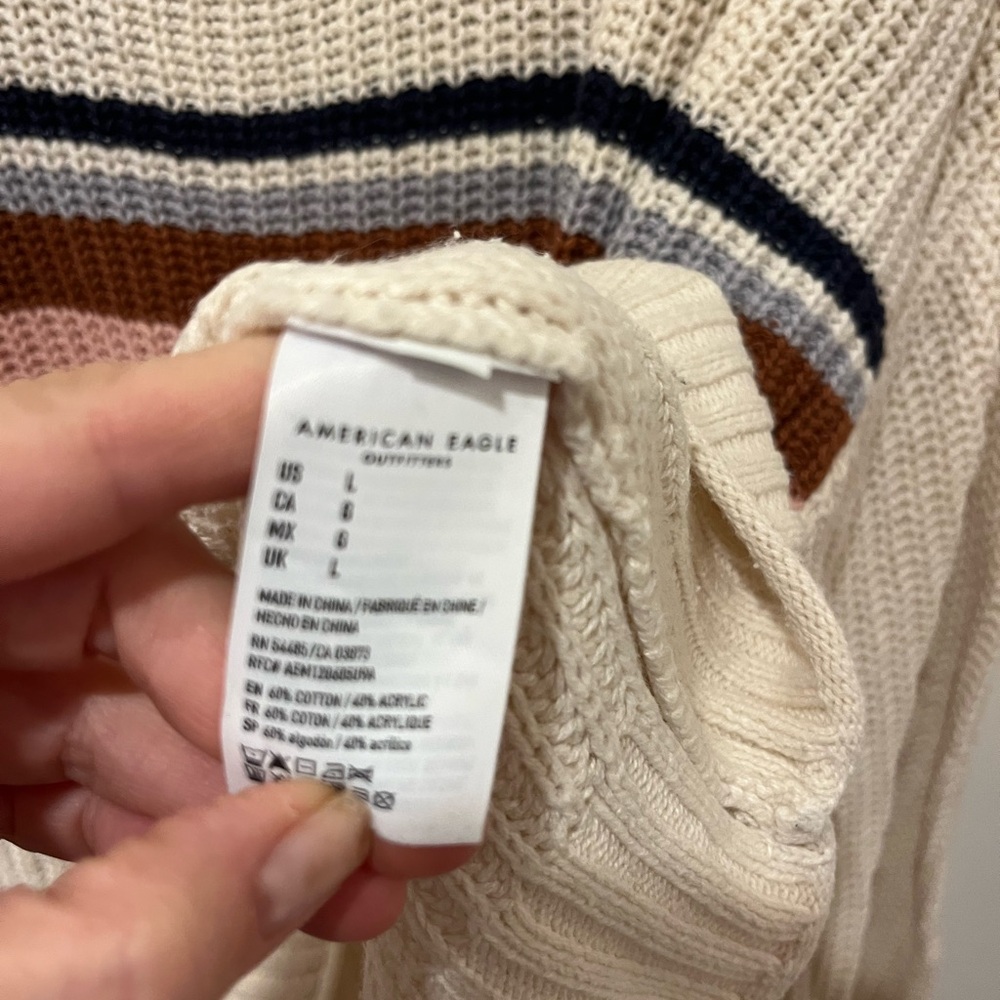 American Eagle Knit Sweater Ivory  w/ Pink Brown Gray Stripe Boxy SOFT  Womens L - Picture 4 of 4